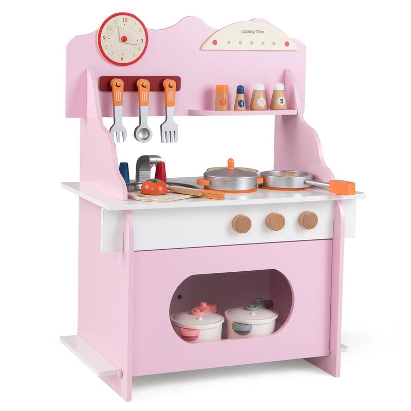 Gymax Pretend Play Toy Kitchen Set w/Clock Stove Spice Rack Faucet & - Pink