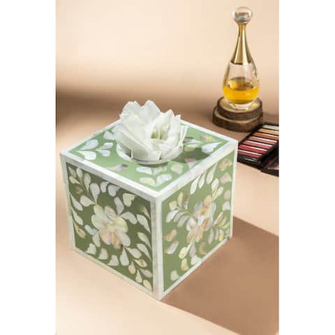 GAURI KOHLI Jodhpur Mother of Pearl Decorative Tissue Box Cover - Olive - 6 x 6 x 6 inches