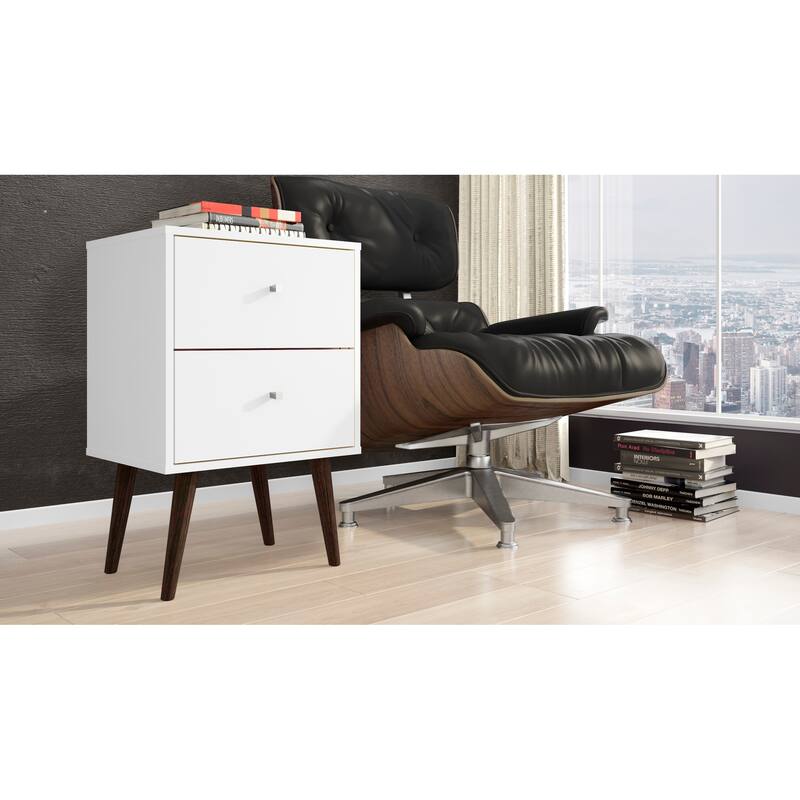 Modern 2-Drawer Nightstand in White with Splayed Wooden Legs
