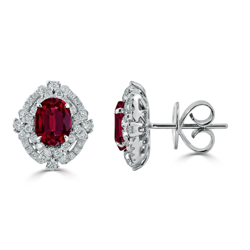 Auriya 2 3/4ct Vintage Oval-cut Red Ruby Halo Diamond Stud Earrings 5/8ctw 18k Gold