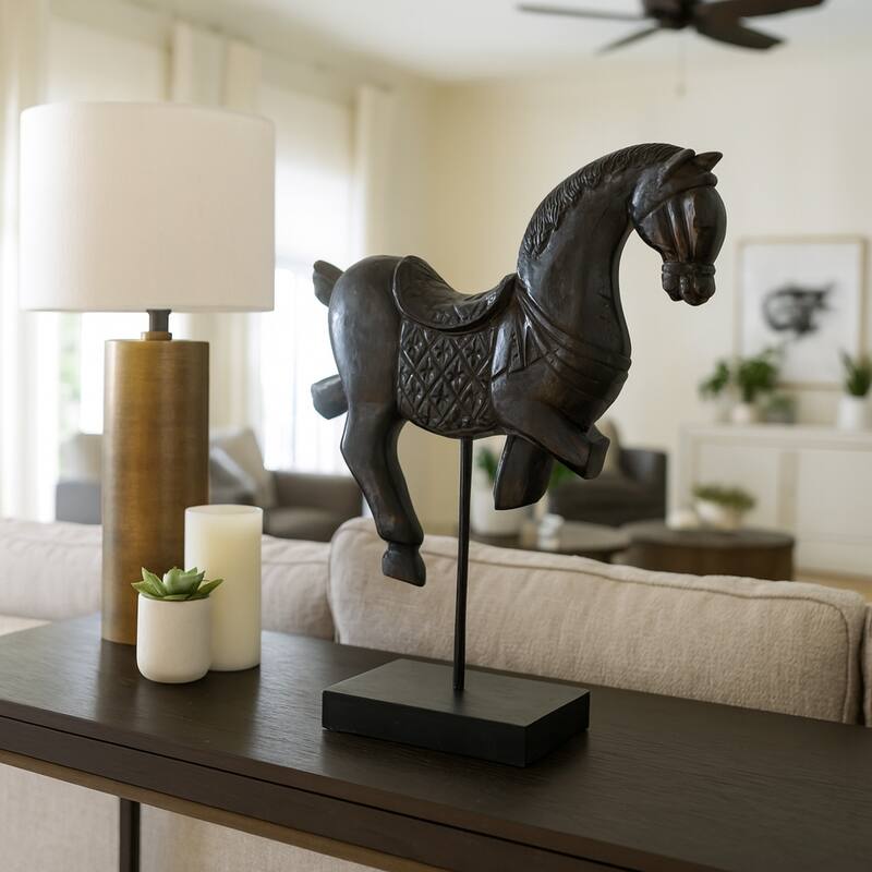 Wood Carved Horse Figurine Sculpture Statue Home Decor - 19" Black - 16" x 4.5" x 19"