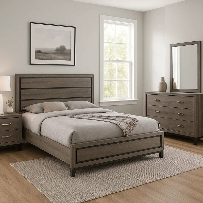 Mela 4pc Queen Bedroom Set, Nightstand Dresser and Mirror, Oak Gray