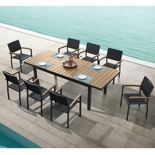 Carlo 9 Pieces Imitated Wood Plastic Outdoor Dining set for 8 Person, Extendable Table and Stackable Chair