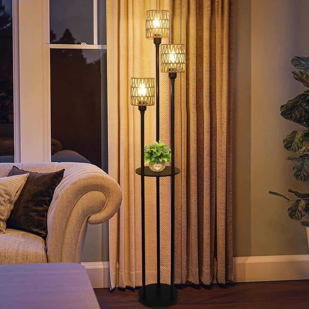 Floor Lamp with Shelves,3-Lights Farmhouse Tall Floor Lamp with ON/OFF Foot Switch,Rustic Standing Lamp with Rattan Shades