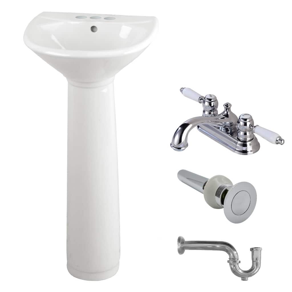 Small Bathroom Pedestal Sink White Vitreous China with 4" Centerset Faucet, Pop-Up Drain and P trap Renovators Supply