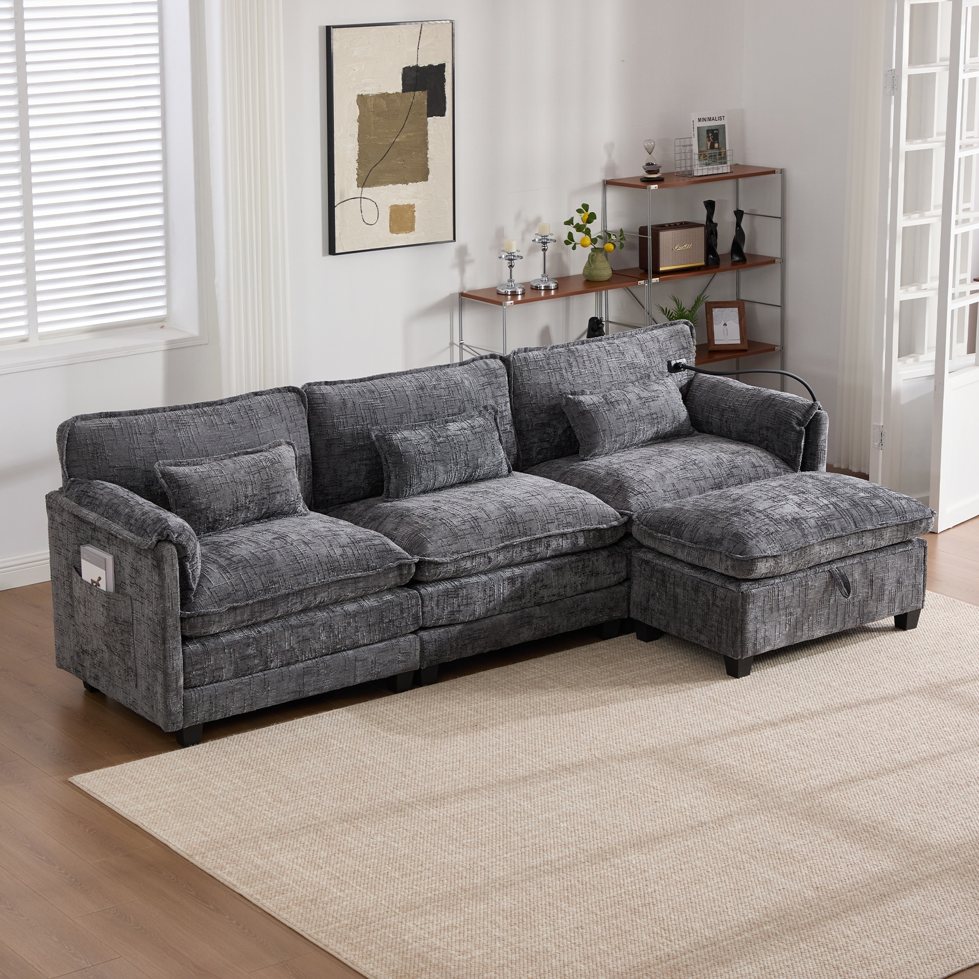 Oversized L Shaped Chenille Sectional Sofa Sleeper with Movable Storage Ottoman, Phone Holder, USB Charging Port, for Apartment