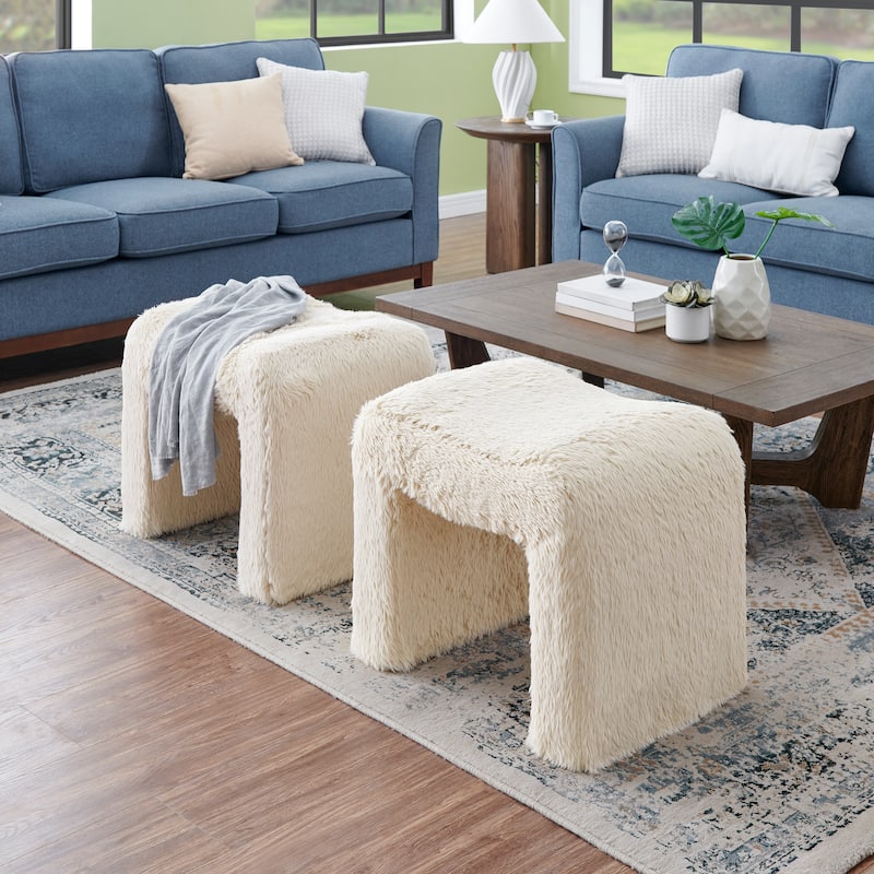Roundhill Furniture Zorya Faux Fur U-Shaped Ottoman, Set of 2