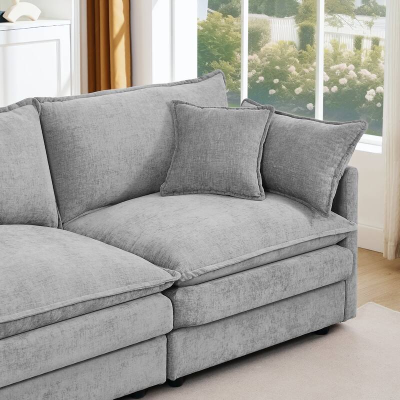 L Shaped Modular Sectional Sofa with Movable Ottoman, Chenille Upholstered Cloud Couch, Deep Seat Sofa with Pillow