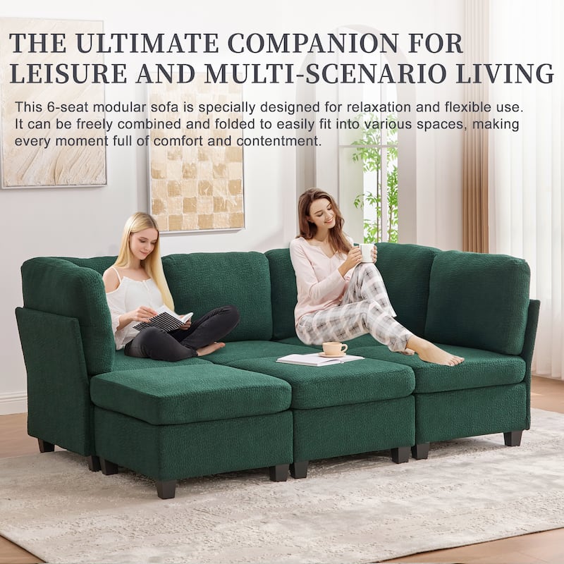HOMEFUN 6-Seat Polyester Upholstered U-Shaped Modular Storage Sleeper Sectional Sofa with Storage Ottoman