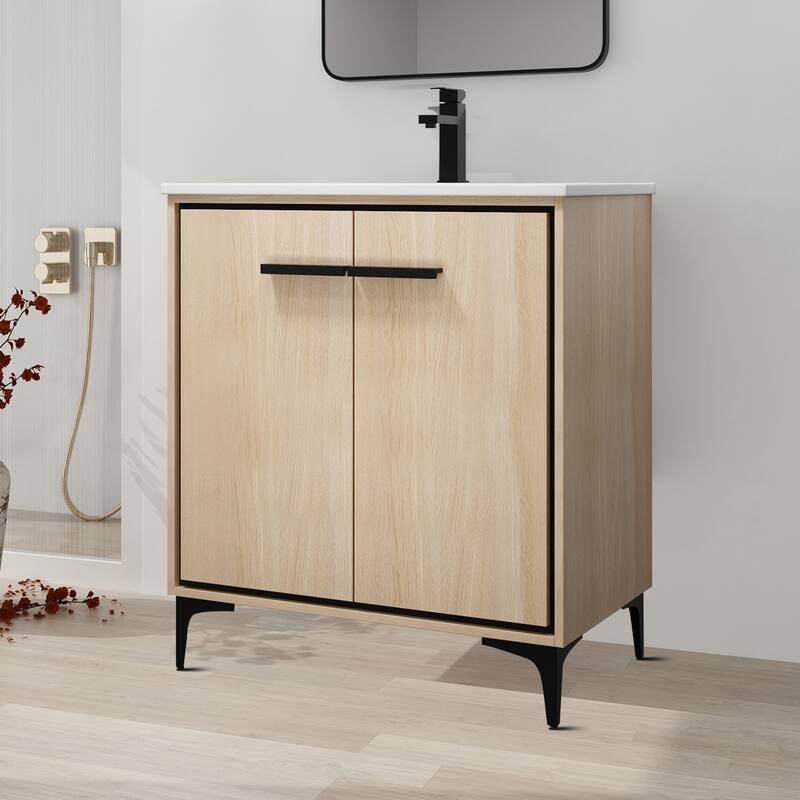 Minimalist Design Wooden Vanity with Ceramic Top Sink - Oak - 30.01''W x 18.3''D x 33.88''H