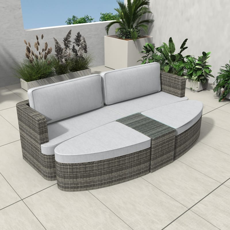 5-piece Patio Wicker Daybed Sectional Sofa Set with Side Table - Grey