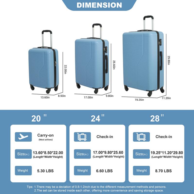 3-Piece Luggage Set ABS Lightweight & Durable Suitcase with Spinner Wheels, TSA Lock, (20/24/28)