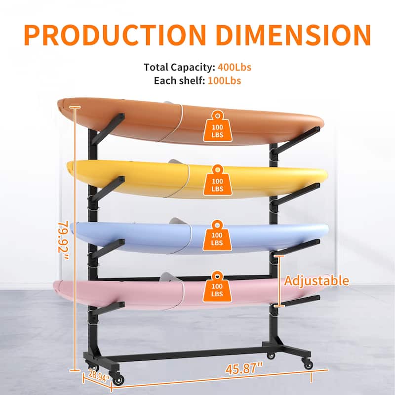 80''H Freestanding Kayak Storage Rack - Holds 4 Kayaks, Heavy-Duty Adjustable Stand with Lockable Wheels for Kayak, Canoe
