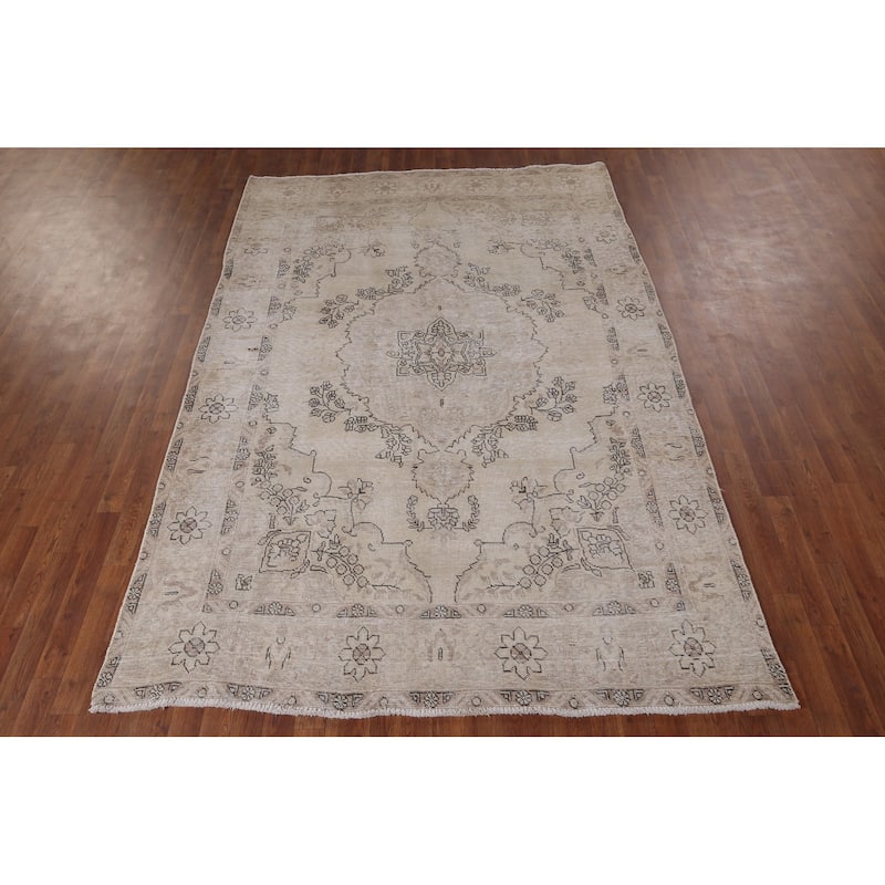 Distressed Tabriz Vintage Persian Rug Handmade Muted Wool Carpet - 6'2" x 9'2"