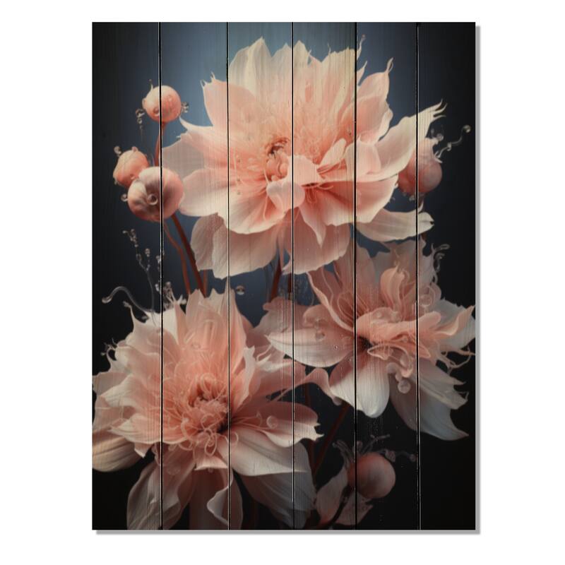 Designart "Pink Black Flowers Muted Peonies Black" Floral Print on Natural Pine Wood