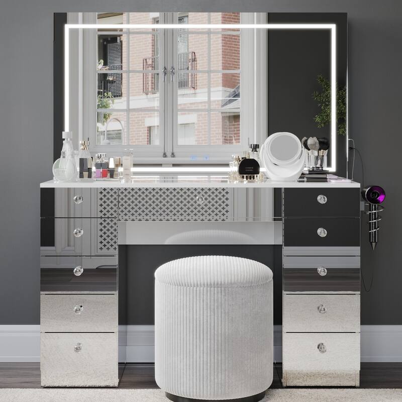 Boahaus Smart Vanity Desk with LED Mirror & Bluetooth Speakers - Mirrored