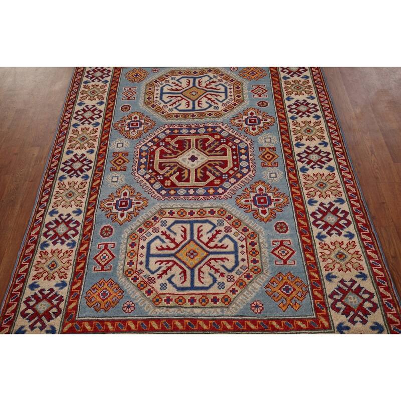 Blue Geometric Kazak Foyer Rug Bedroom Handmade Wool Carpet - 4'1" x 5'10"