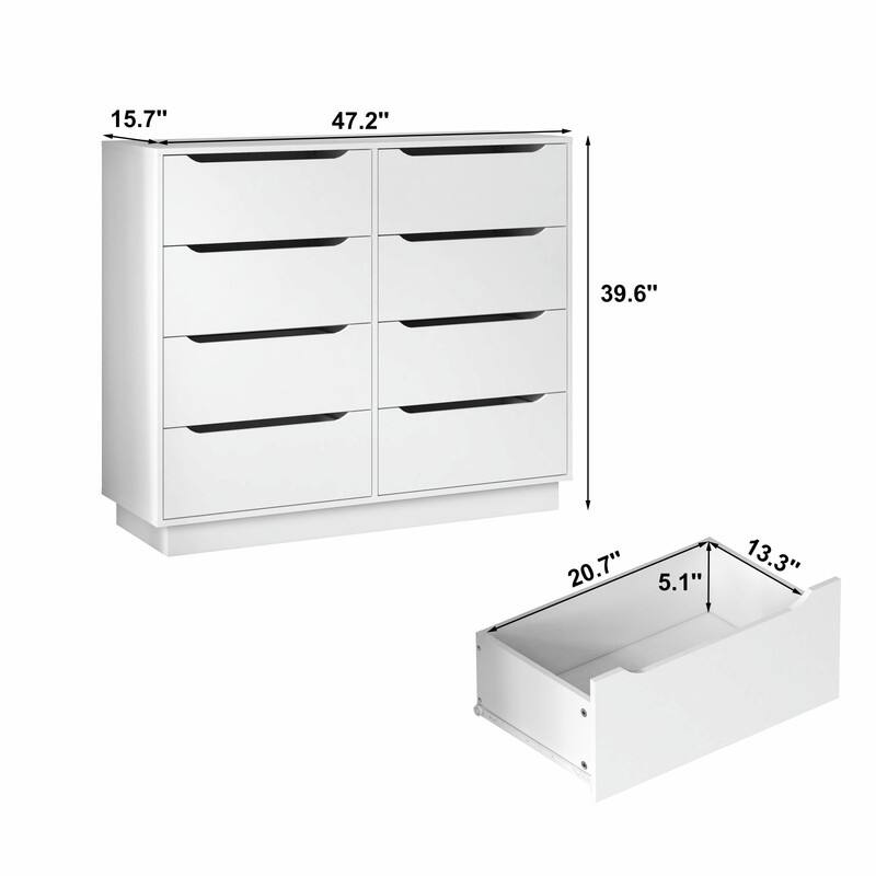 White 8-Drawer Wooden Dresser for Bedroom, 47.2''W Long Chest of Drawers