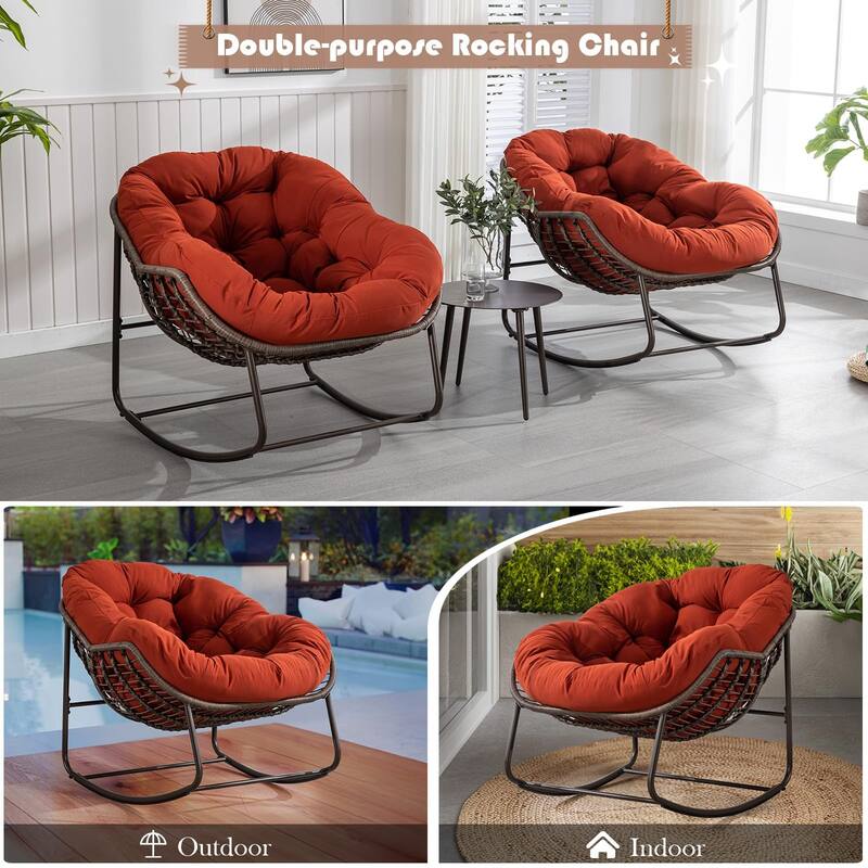 Outdoor Padded Cushion Rocking Chair, Patio Oversized Rattan Egg Chair
