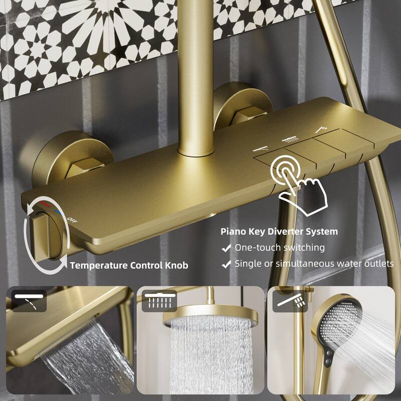 Modland 3-Function 11" Rainfall Shower System, Adjustable Slide Bar, 1.59GPM, Brushed Gold/Chrome