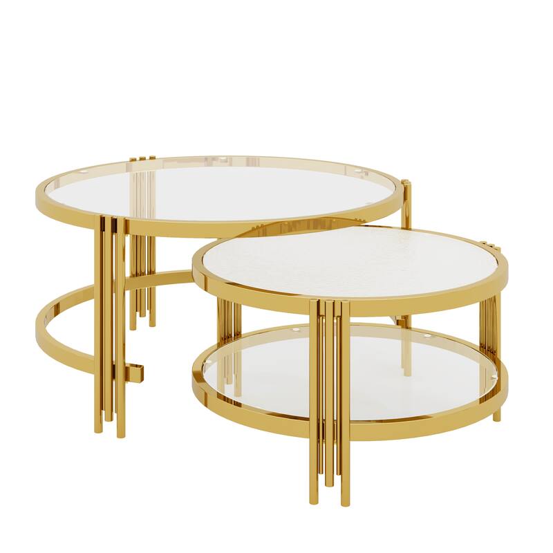 2-Piece Nesting Coffee Table Set, Round Glass Top Center Table with Lower Shelf, 2-Tier Metal Frame Storage Accent Tables