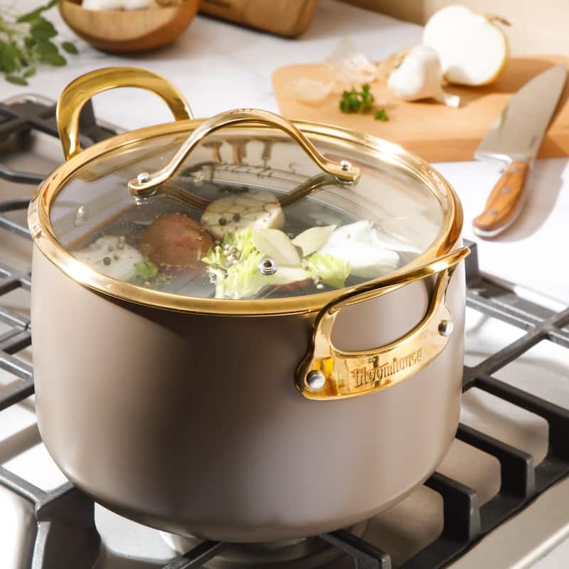 Bloomhouse Pots and Pans Heavy Duty Aluminum Premium PFA Free Ceramic Nonstick - Cappucino Cream with Gold Handle