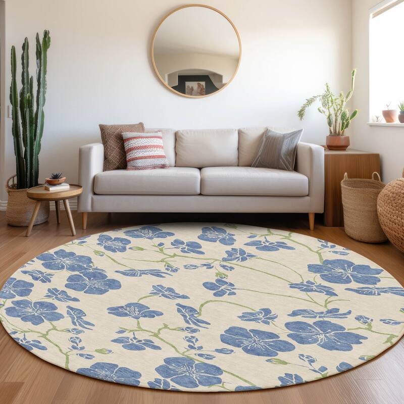 Machine Washable Indoor/ Outdoor Floral Zen Chantille Rug - Linen - 8' x 8'