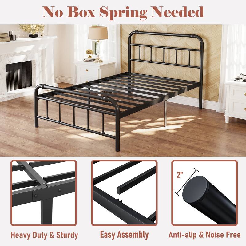 Metal Bed Frame with Victorian Style Wrought Iron-Art Headboard and Footboard