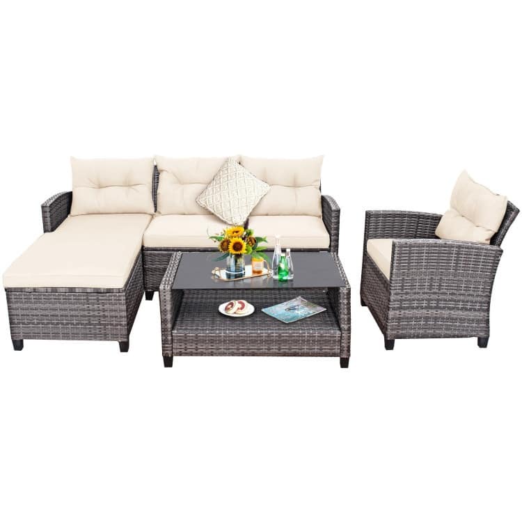 4 Pieces Patio Rattan Furniture Set with Cushion and Table Shelf - 27.5" x 47" x 30" (L x W x H)