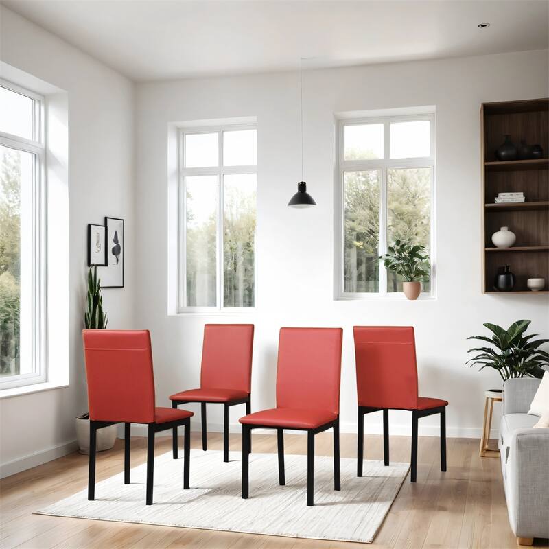 Faux Leather Seat Metal Frame Dining Chairs, Set of 4, Black/Red