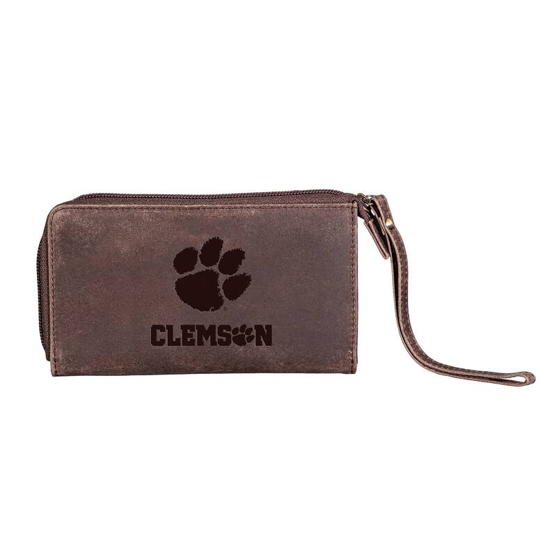Brown Leather Cell Phone Wristlet Wallet, Clemson University - 4" x 7"