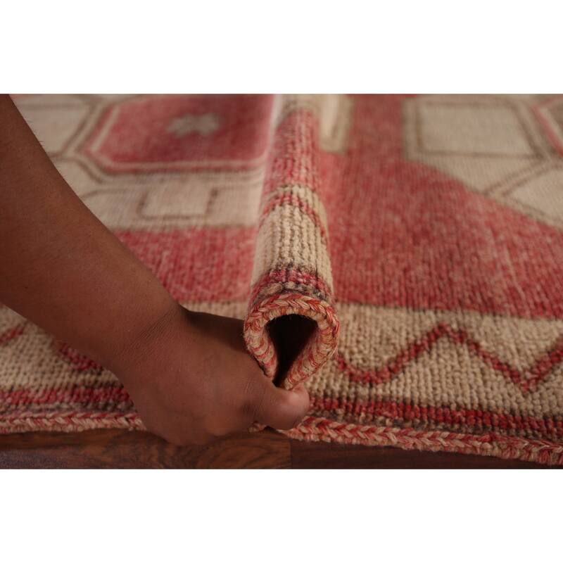 Pink & Red Geometric Anatolian Turkish Runner Rug Handmade Wool Carpet - 3'9"x 12'6"