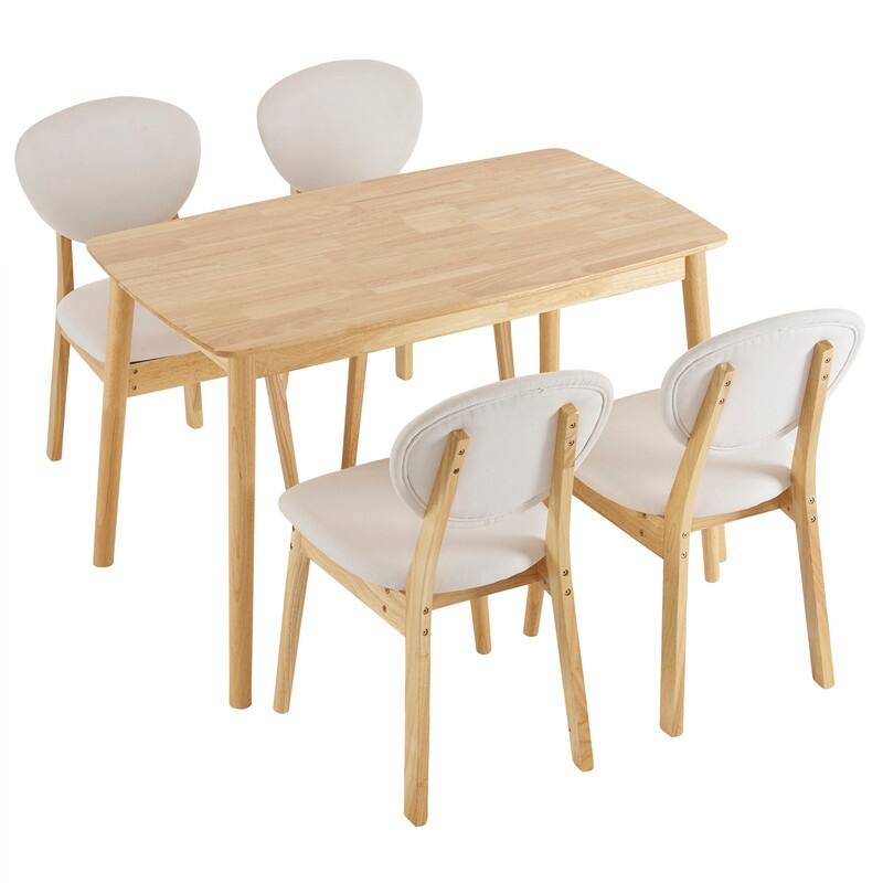 Mid-Century Wood Dining Set with Fabric Chairs,5-Pcs Set,Natural Oak Finish - White