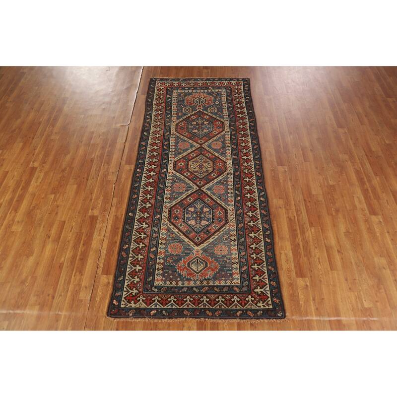 Hand Knotted Oriental 100% Wool Carpet Traditional Tribal Navy Blue & Blues Kazak Area Rug - 8' 6'' X 3' 8''