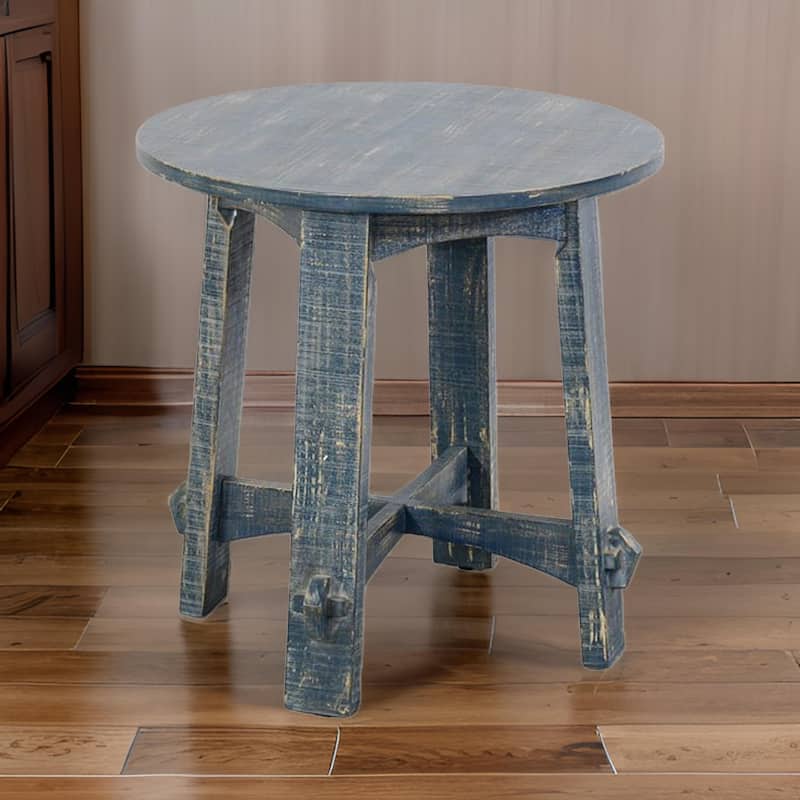 Rena Side End Table, 24 Inch Round Top, Rustic Distressed Blue Wood