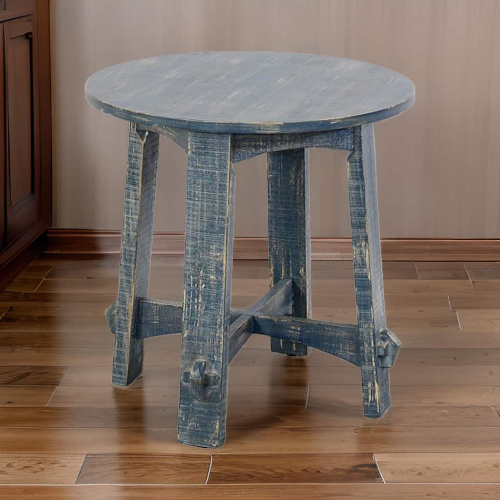 Rena Side End Table, 24 Inch Round Top, Rustic Distressed Blue Wood
