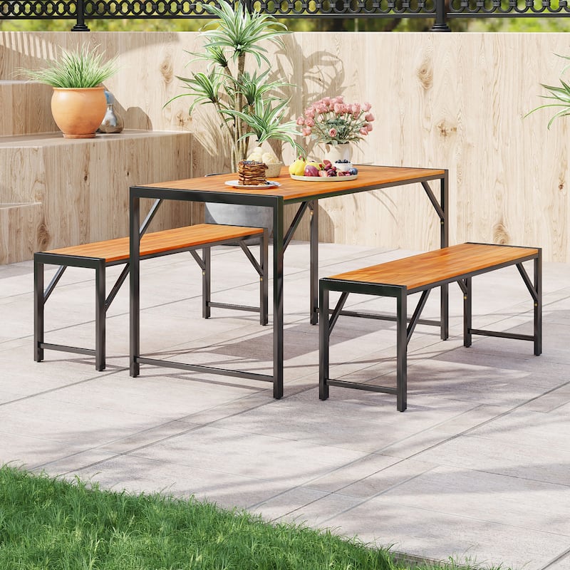 Gymax 3 PCS Patio Dining Set for 6 People 53'' Acacia Wood Picnic