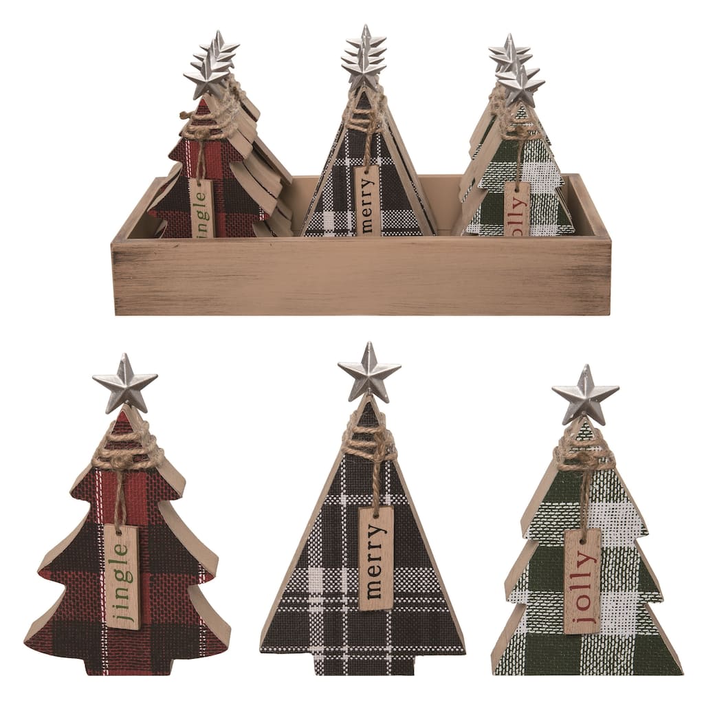Transpac Wood 12.5 in. Multicolor Christmas Plaid Trees In Crate Set of 12