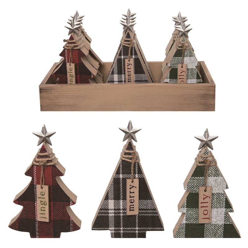 Transpac Wood 12.5 in. Multicolor Christmas Plaid Trees In Crate Set of 12