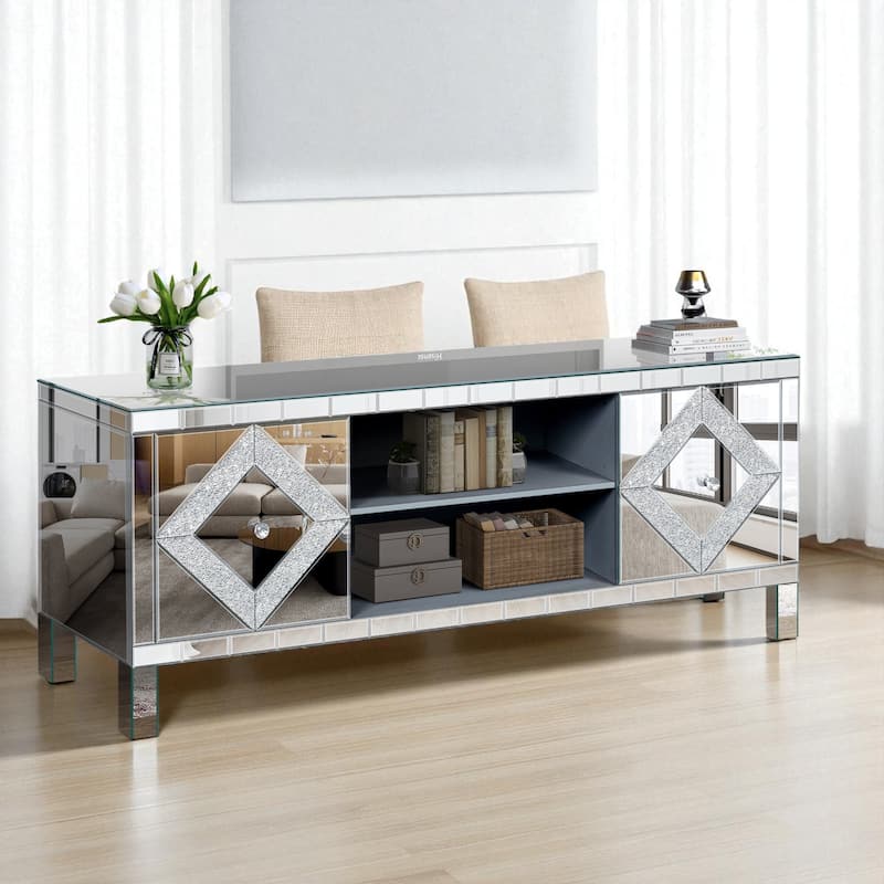 Mirrored TV Stand for 65+ Inch TVs, Silver Console Table with Diamond Crushed Mirror Doors & Storage Cabinets