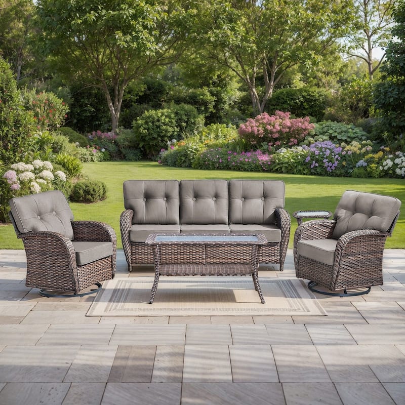 Pocassy 5 Piece Ooutdoor Sofa with Swivel Chair Table - Brown Wicker & Gray cushion