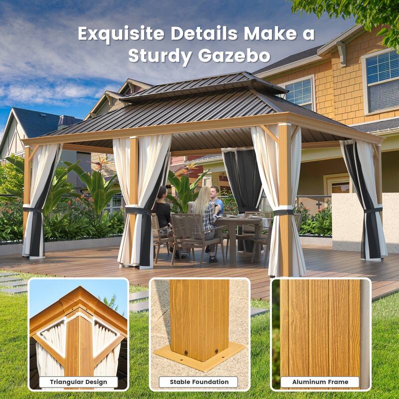 EROMMY Hardtop Patio Gazebo with Double Roof and Privacy Curtains, 12x16 FT Permanent Outdoor Metal Gazebo for Backyard, Deck