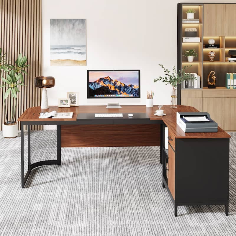 Large 63" L-Shaped Executive Office Desk with 31” File Cabinet