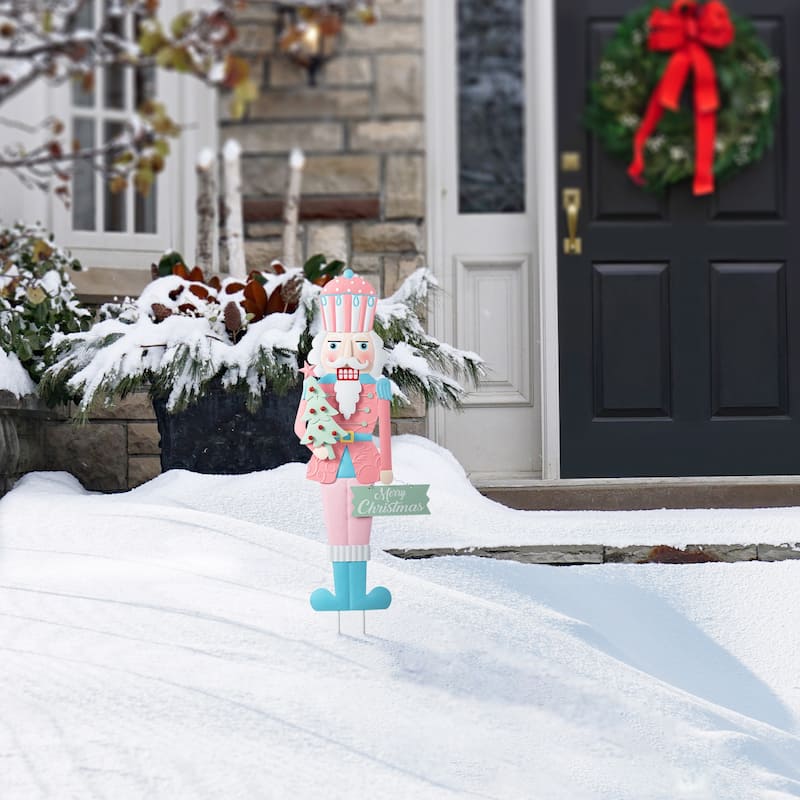 Glitzhome 36"H Metal Christmas Pink Nutcracker Yard Stake Wall Decor - Multi