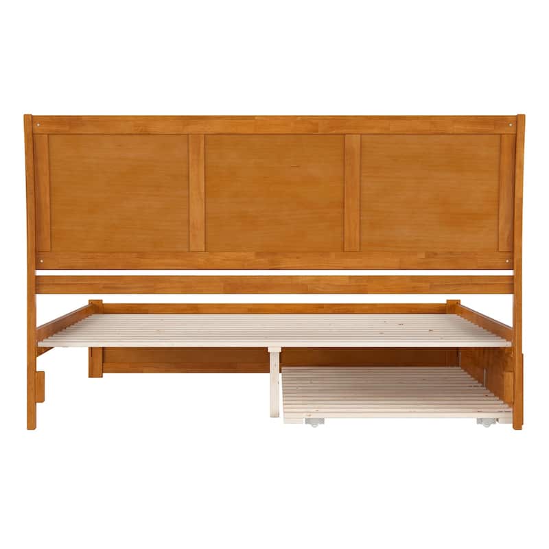 King Platform Bed with Trundle - Solid Wood Sleigh Style Bed Frame - Light Toffee Finish