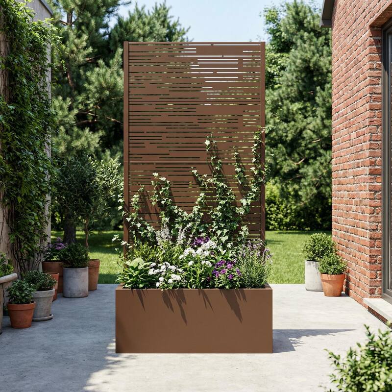 Metal Galvanized Planter Box with Trellis Privacy Screen Lockable Wheels - Brown