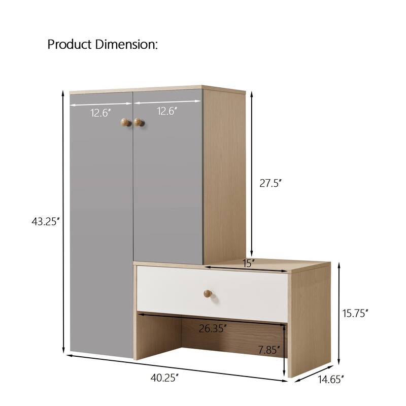 Double Door Wood Shoe Cabinet with Bench, Freestanding Storage Shoe Rack with Adjustable Shelves for Entryways or Hallways