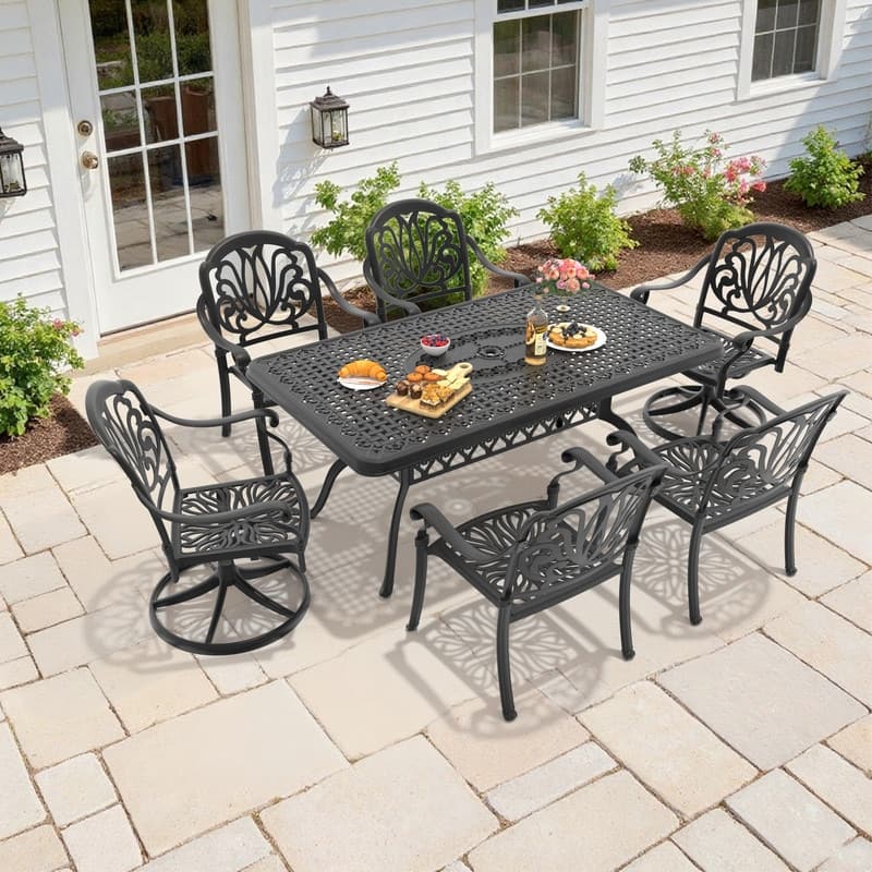 7-Piece Outdoor Dining Set with 1 Table and 6 Chairs, All-Weather Aluminum Outdoor Patio Sets