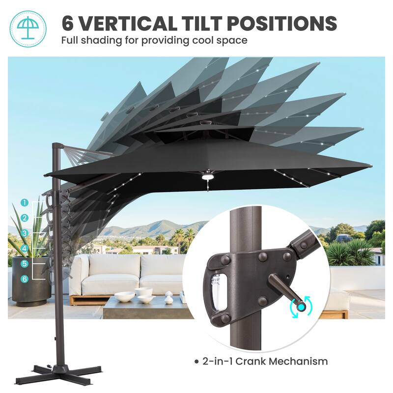 11 FT Square Outdoor Premium Double Top Solar Powered LED Patio Cantilever Umbrella