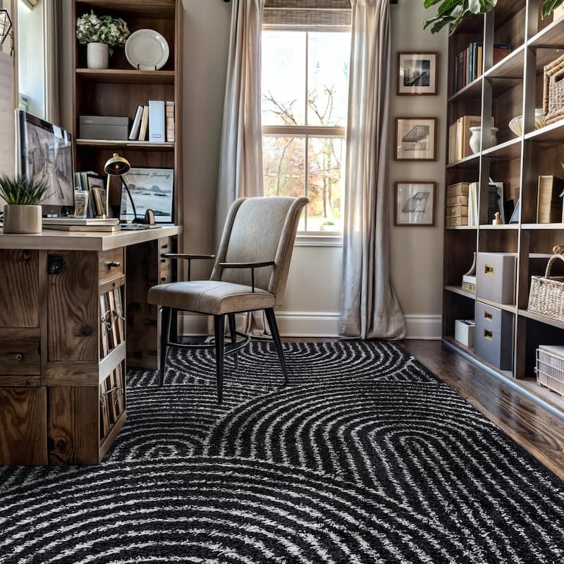 Circles Arch Shag Rug - Durable & Soft for High-Traffic Areas - Anthracite Dark Gray - Kid Friendly